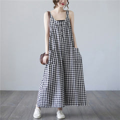 Literary Plaid Sleeveless Casual Loose Jumpsuit
