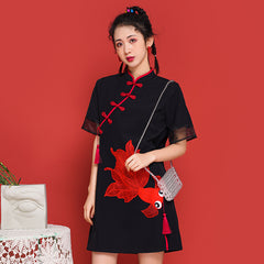 Koi Embroidery A-Line Cheongsam Mini Dress