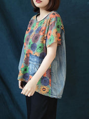 Vintage Cropped Floral Split-Joint Denim T-Shirt
