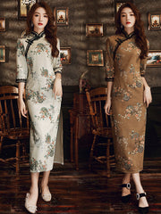 Stand-Up Neckline, High Slit, Seven-Part Sleeve Lace Cheongsam Maxi Dress