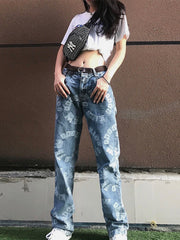 Women Printed Denim Jacket Loose Wide Leg Pants Set