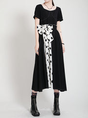 Women Waistband Color Matching Polka Dot Bow Dress