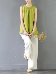 Simple Pure Color sleeveless Ramie Cotton Shirt