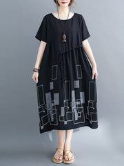 Women Round Neck Print Stitching Dress