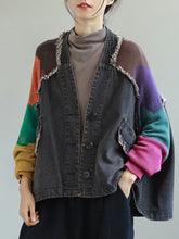 Casual V-Neck Stitching Long Sleeve Denim Jacket