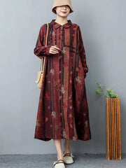 Vintage Lapel Printed Half Cardigan Midi Dress