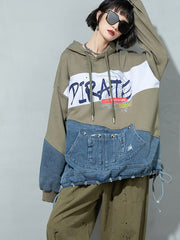 Retro Hooded Stitching Printed Sweatshirt
