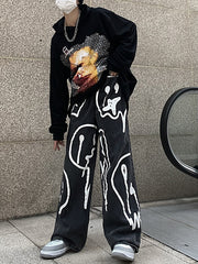 Retro Jeans Print Graffiti Wide-Leg Denim Pants