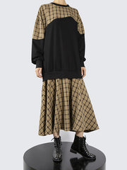 Loose Color-Block Plaid Midi Dress
