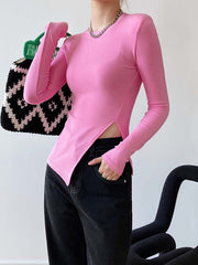 Round Neck Solid Long Sleeves Knitted T-Shirt