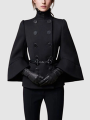 Flared Buttoned Solid Color High Neck Outerwear Woolen Coat