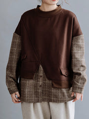 Women Loose Round Neck Plaid Stitching Casual Sweatshirt