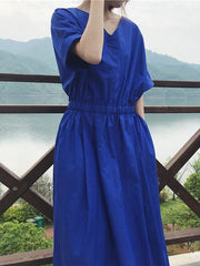 Loose Solid V-neck Short Sleeves Dress