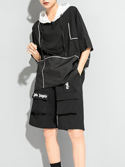 Contrast Stitching Bat Sleeve Hooded Short-Sleeved T-Shirt Tops