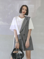 False Two Contrast Color Casual Midi T-Shirt Dress
