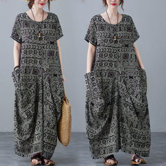 Retro Ethnic Round Neck Short Sleeve Maxi Dress