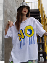 Letter Print Hollow Hole Loose Round Neck T-Shirt