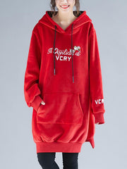 Loose Velvet Embroidered Split-Side Hoodie