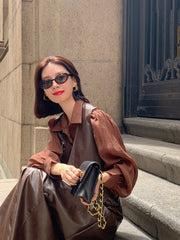 Retro High Waist Solid Color Leather Skirt