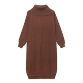 Retro Solid Color Knitted High-Neck Midi Dress