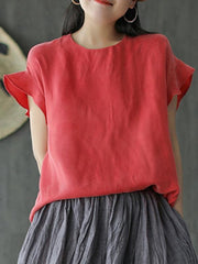 Vintage Solid Loose Round Collar Falbala Sleeve T-Shirt