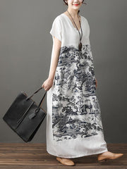 Loose National Ink Prined Cotton Long Dress