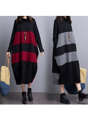 Loose Color Block Striped Knitted Turtleneck Midi Dress