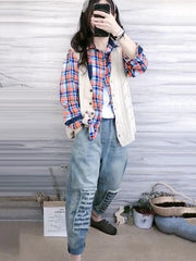 Loose Split-Joint Letter Embroidered Jean Pants