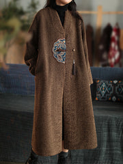 Women V-Neck Printed Casual Loose Coat