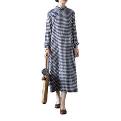 Retro Plaid Stand Collar Cheongsam Midi Dress