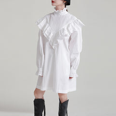 Retro Solid Ruffle Pleated Shirt Dress