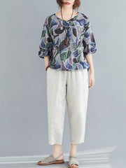 Vintage Printed V-Neck Drawstring T-Shirt