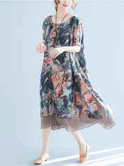 Melting Flower Printed Chiffon Long Dress