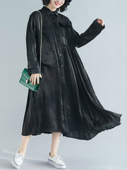 Retro Shirt Collar Pleated Skirt Midi Dress