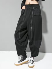 Black Solid Zipper Harem Pants