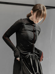 Women Slim Stitching Stand Collar Long Sleeve T-Shirt