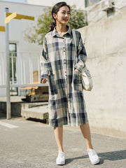 Autumn Plaid Long Sleeves Lapel Linen Blouse Dress
