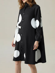 Long Sleeves Loose Asymmetric Buttoned Polka-Dot Tied Mock Neck Midi Dresses