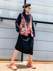 Two Pieces Solid Loose Midi Dress And Printed Vest