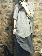Simple Plaid Half Sleeves Flax Blouse Top