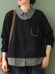 Women Retro Loose Stitching Casual Sweater