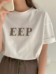 Women Round Neck Letter Print Loose Casual T-Shirt