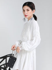 Women Disc Button Embroidered Lantern Sleeve Dress