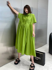 Original Roomy Pure Color Pleated Midi Shirt Dress