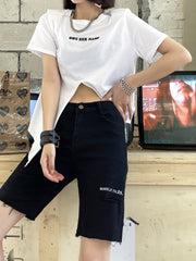 Straight High Waist Slim Letter Embroidered Hole Shorts