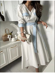 Retro Lace-Up Long-Sleeve V-Neck Midi Dress