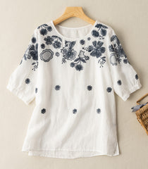 Embroidered Loose Round Neck Short Sleeve T-Shirt Top