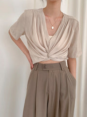 Women Solid Color Temperament V-Neck Slim T-Shirt