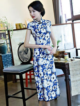 White Flower Printed Midi Cheongsam