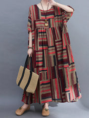 Retro Round Neck Short Sleeve Loose Striped Dress